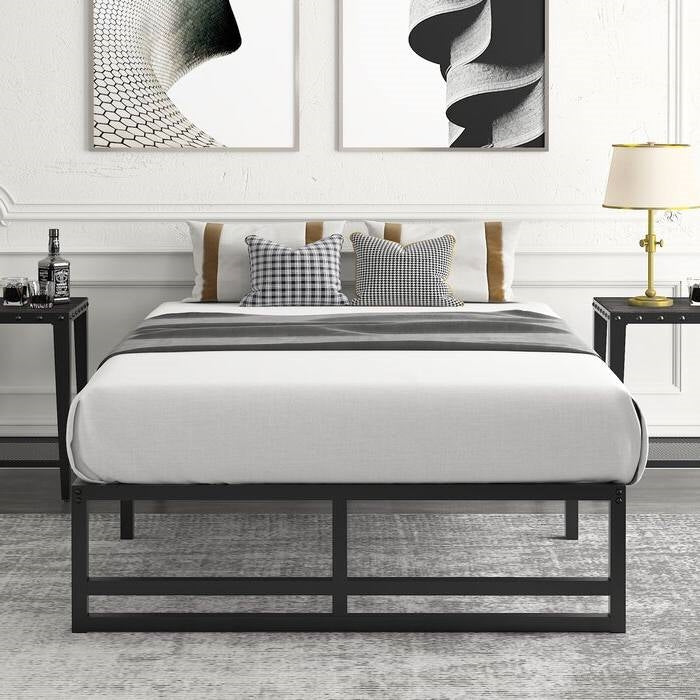 Base de cama de plataforma Queen Size de metal negro con espacio de almacenamiento debajo de la cama