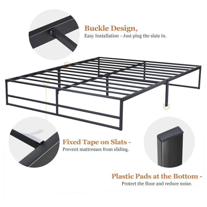 Base de cama de plataforma Queen Size de metal negro con espacio de almacenamiento debajo de la cama