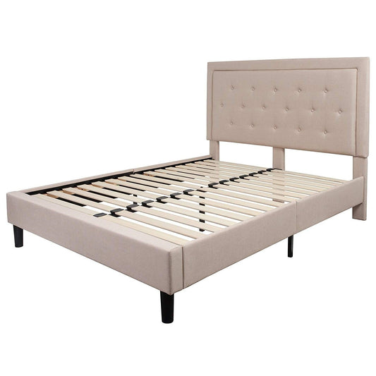 Estructura de cama Queen beige tapizada con plataforma y cabecero con botones capitoné