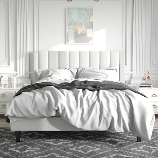 Base de cama tapizada de terciopelo blanco tamaño Queen con cabecero