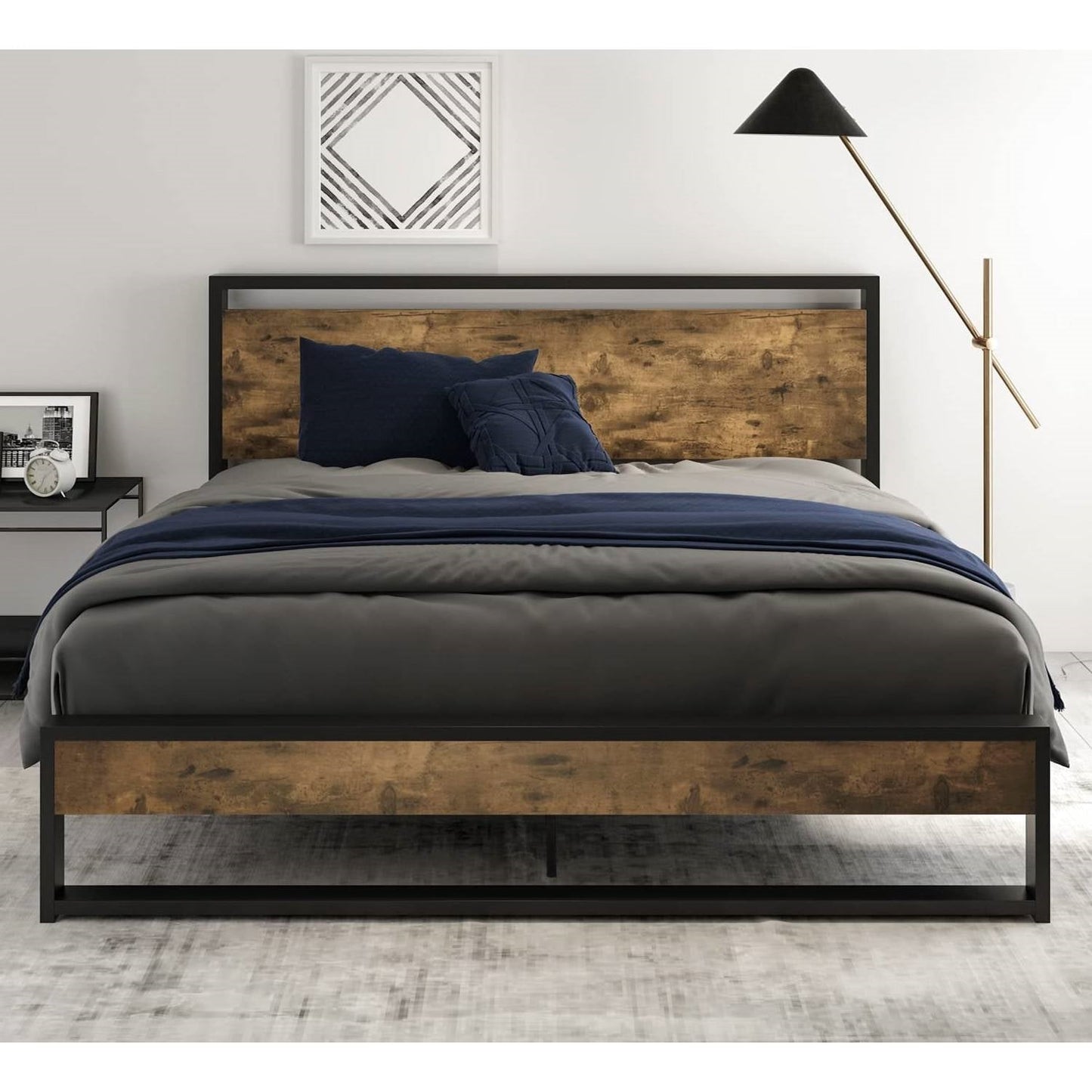 Base de cama de plataforma Queen de metal y madera con cabecero industrial
