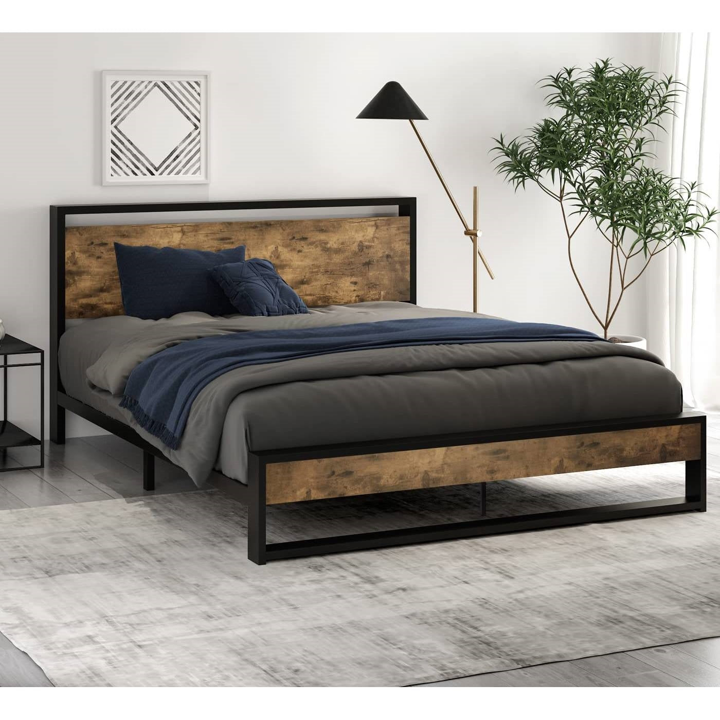 Base de cama de plataforma Queen de metal y madera con cabecero industrial