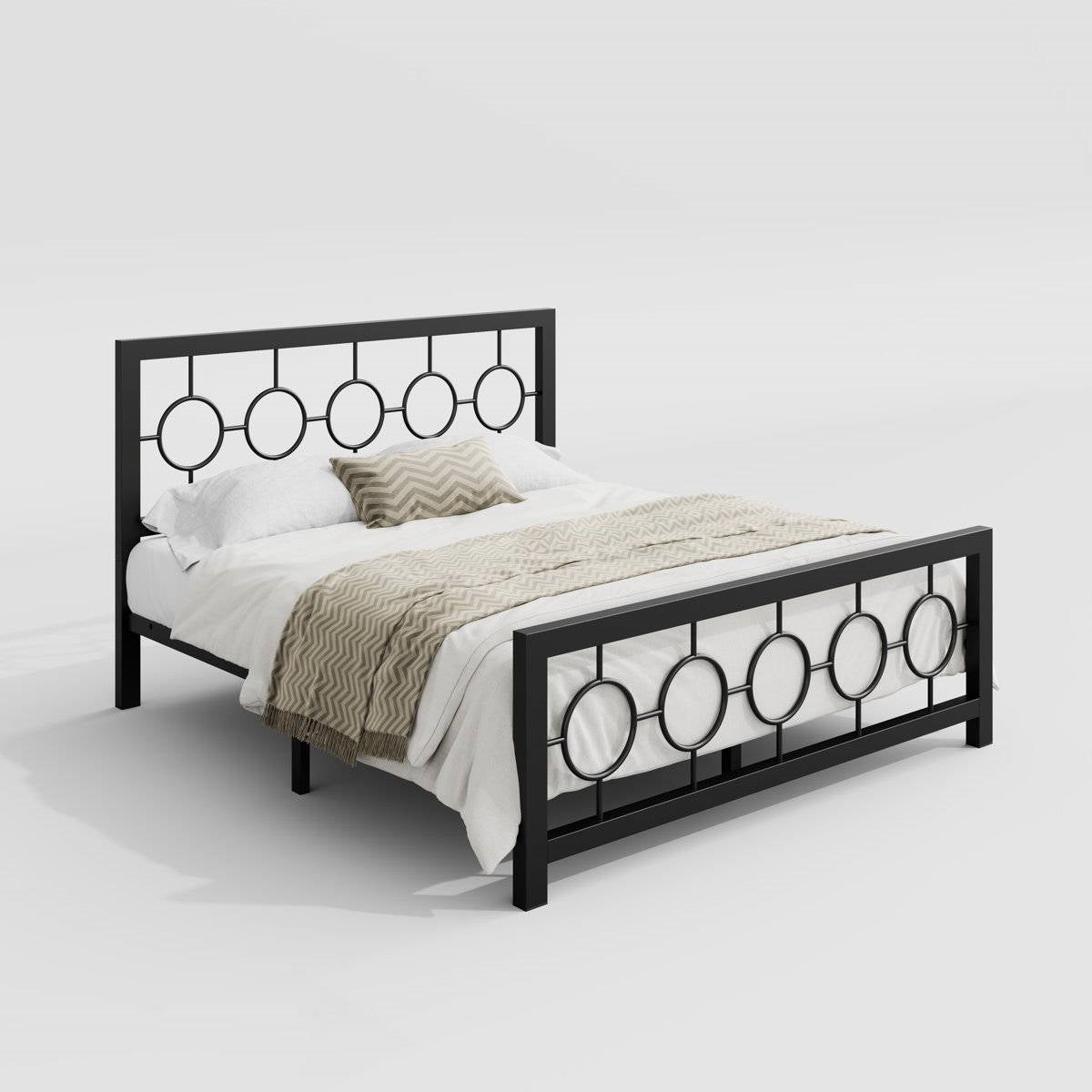 Cama Queen de plataforma de metal negro con cabecero y piecero con medallón circular