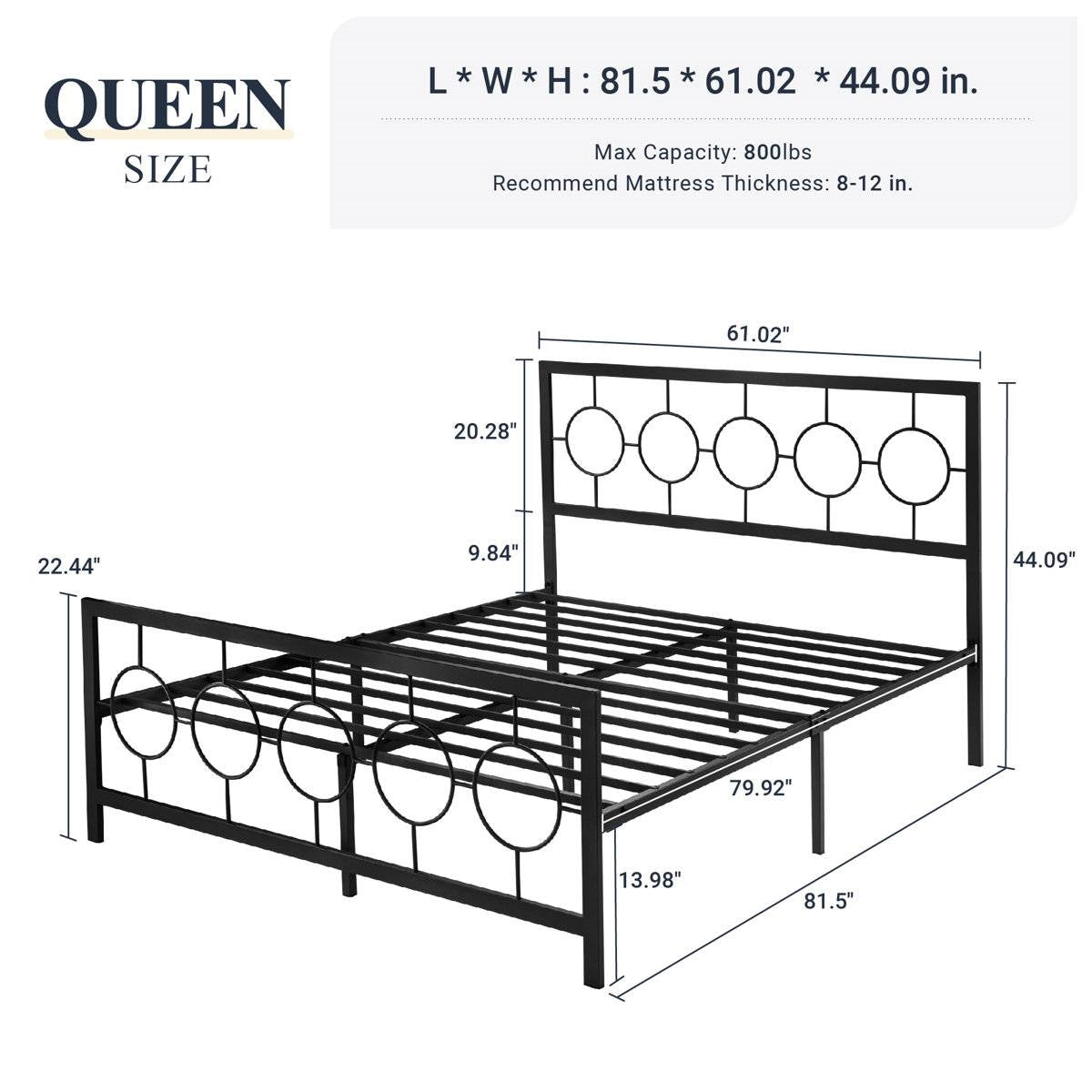 Cama Queen de plataforma de metal negro con cabecero y piecero con medallón circular