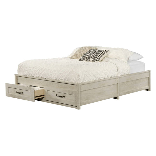 Cama de plataforma Queen Farmhome con cajones de almacenamiento en acabado de madera blanquecina