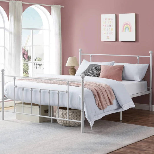 Estructura de cama Queen de metal blanco estilo vintage con cabecero y piecero