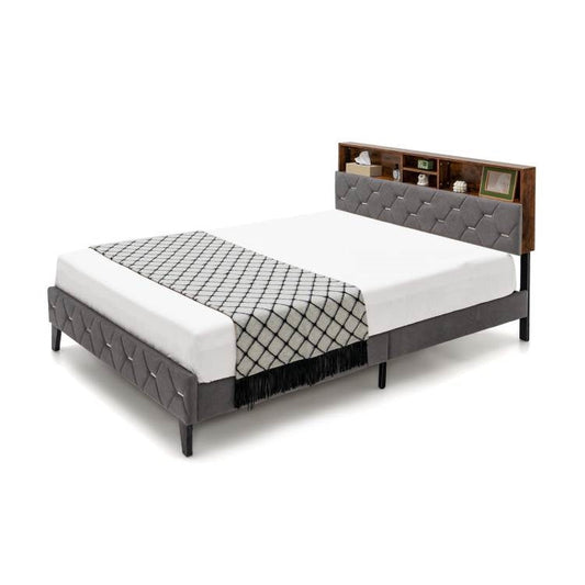 Cama Queen con Plataforma y Cabecero de Terciopelo Acolchado con Almacenamiento Abierto/Cerrado