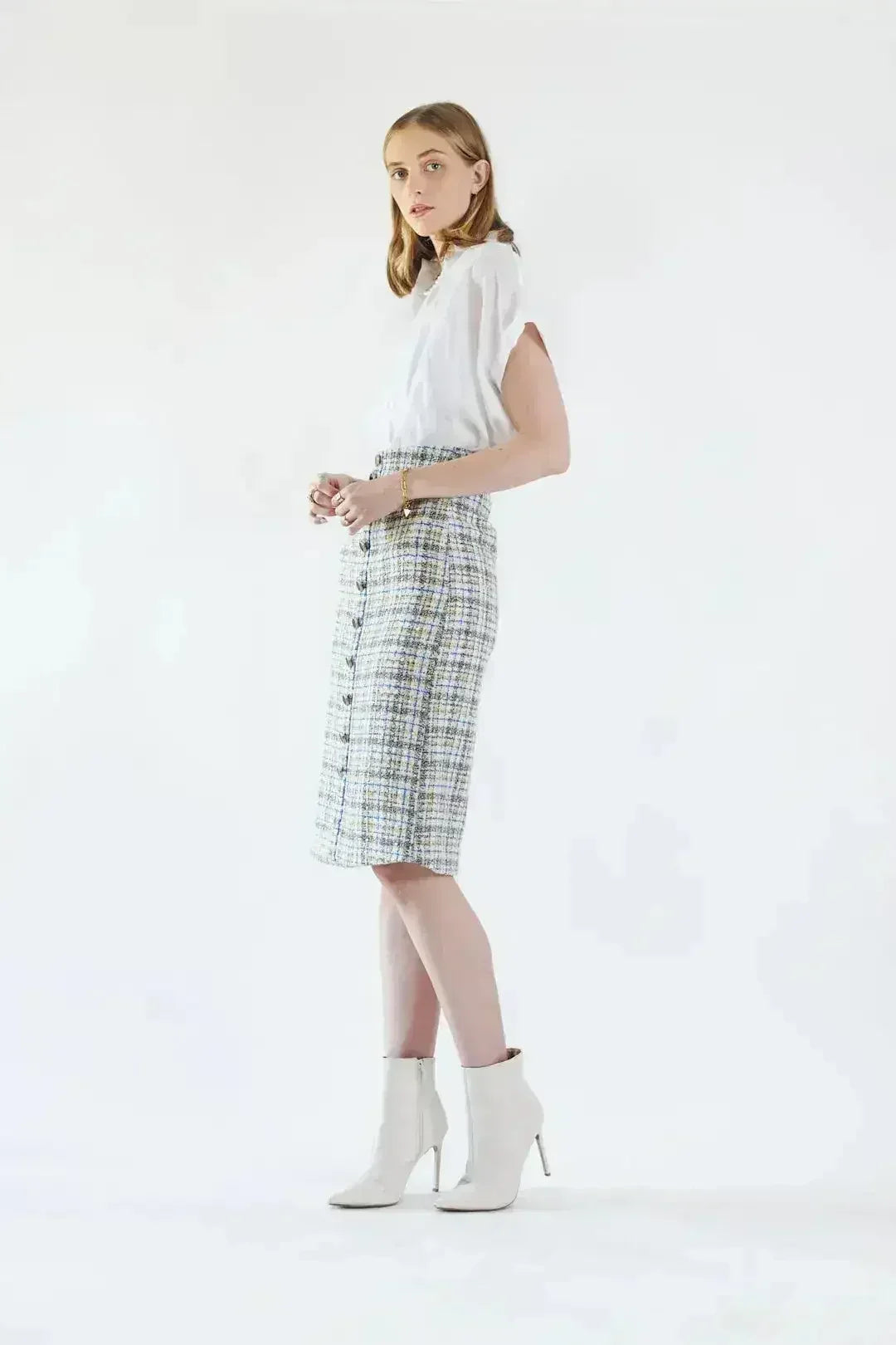 Luxe Plaid Tweed Pencil Skirt