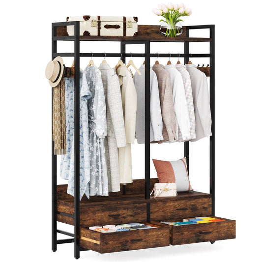Estante de ropa resistente de color marrón y negro con barra para colgar y 4 cajones de almacenamiento