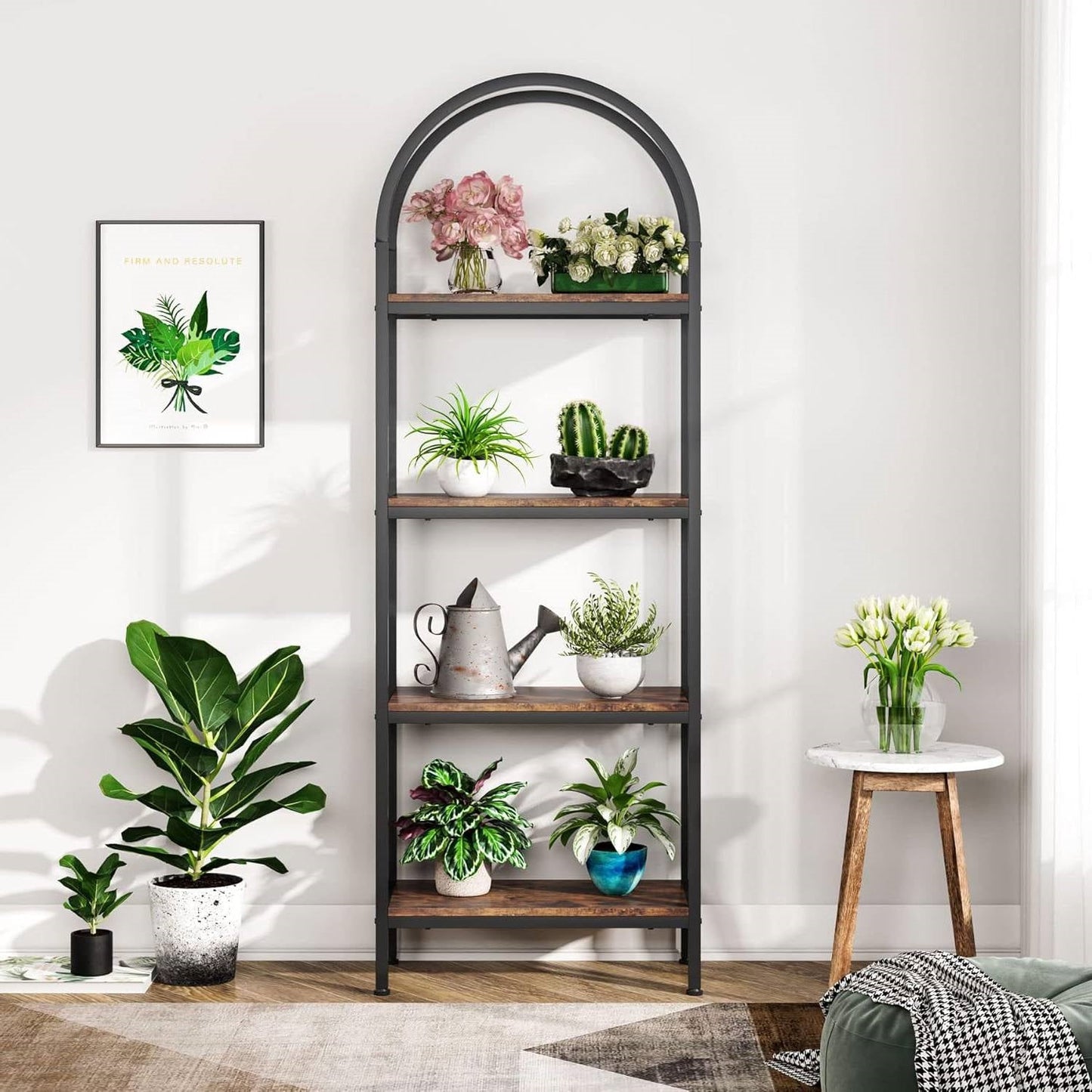 Estantería moderna de metal y madera industrial con 4 estantes de almacenamiento