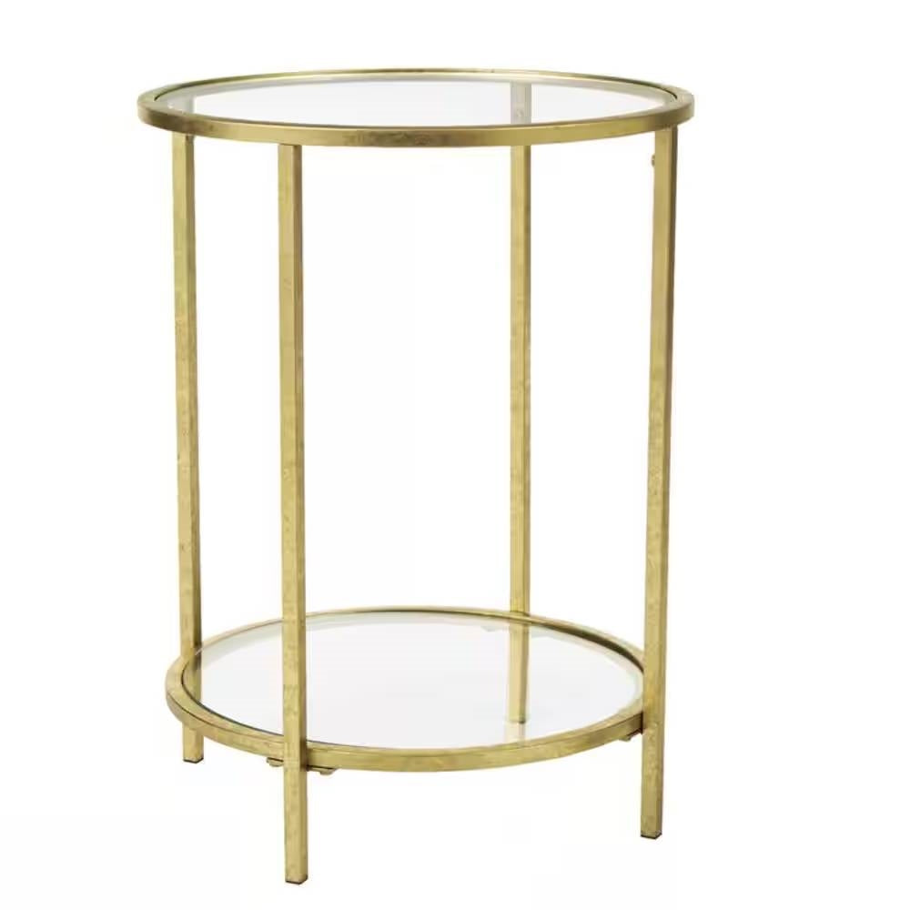 Mesa auxiliar redonda con acento, de metal dorado y cristal, con estante inferior