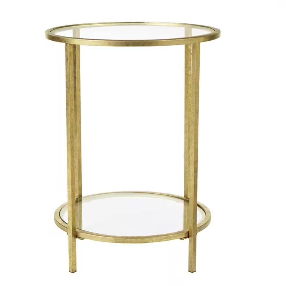 Mesa auxiliar redonda con acento, de metal dorado y cristal, con estante inferior