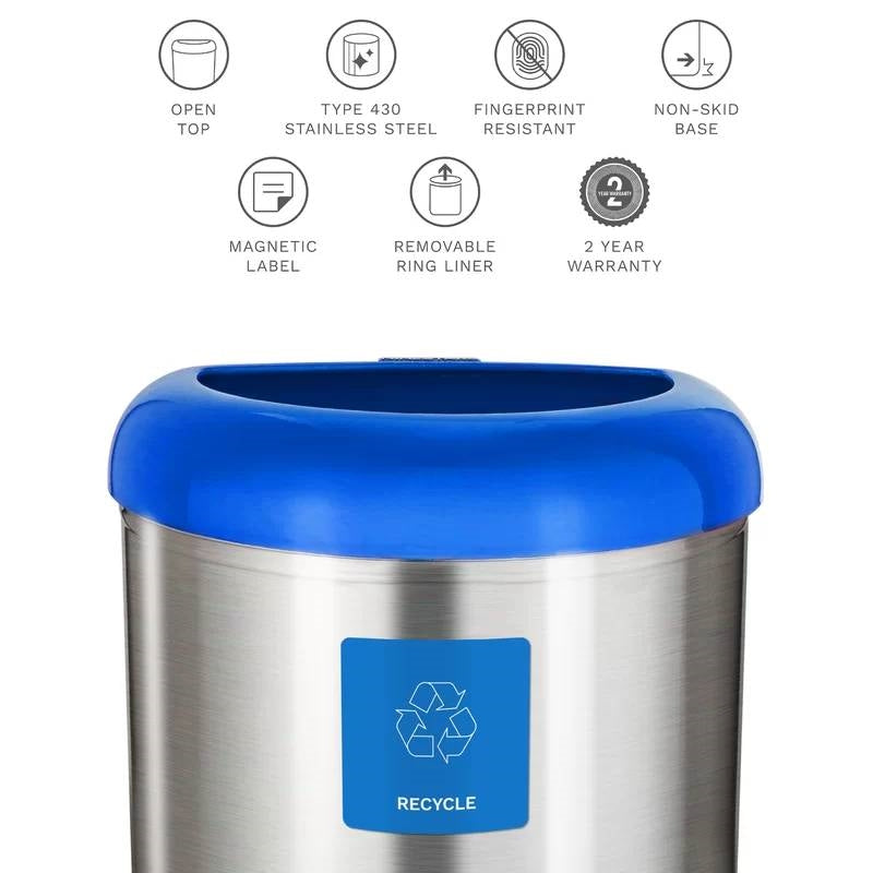 Cubo de basura de acero inoxidable de 13 galones con tapa superior abierta azul