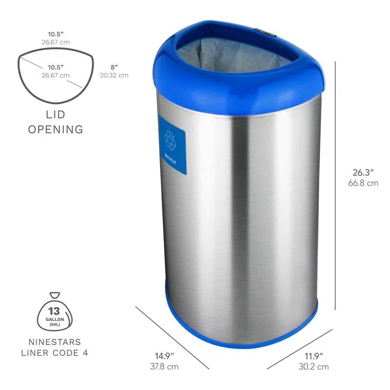 Cubo de basura de acero inoxidable de 13 galones con tapa superior abierta azul