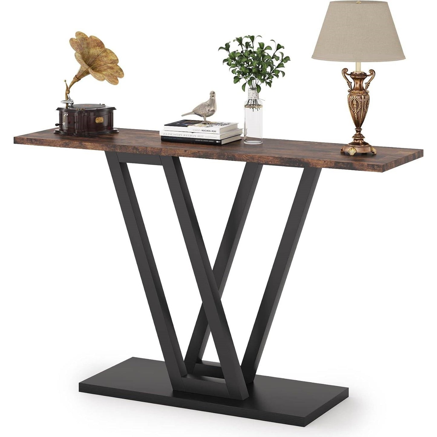 Mesa moderna de entrada estrecha de 43 pulgadas con cubierta de madera marrón y estructura de metal negro