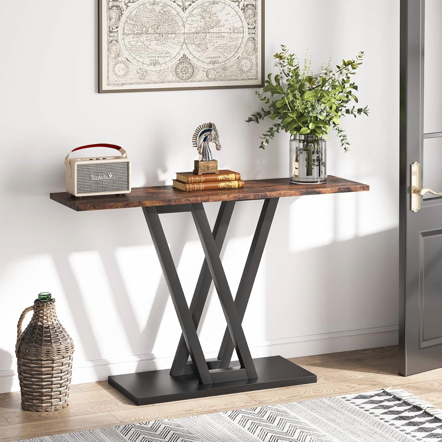 Mesa moderna de entrada estrecha de 43 pulgadas con cubierta de madera marrón y estructura de metal negro