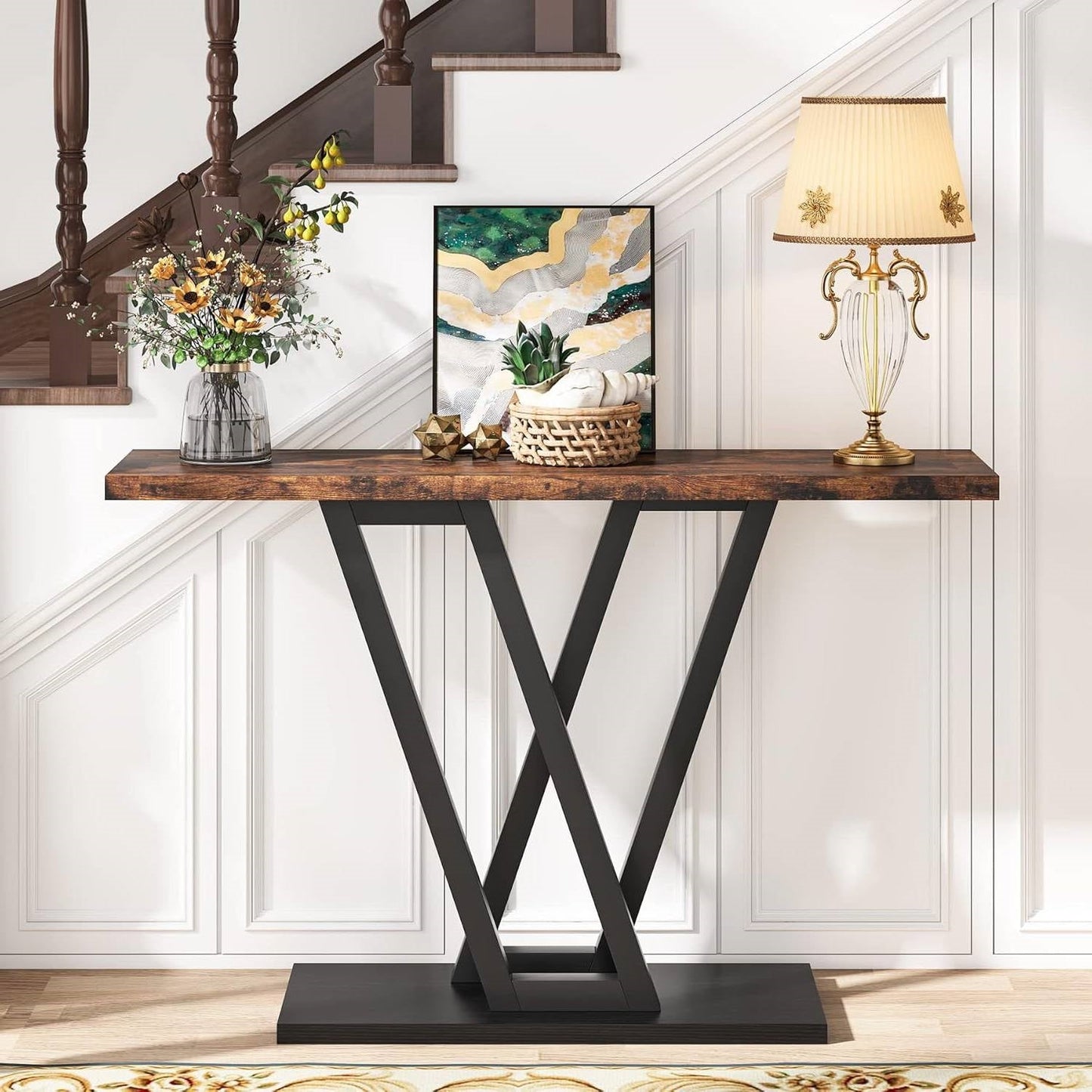Mesa moderna de entrada estrecha de 43 pulgadas con cubierta de madera marrón y estructura de metal negro