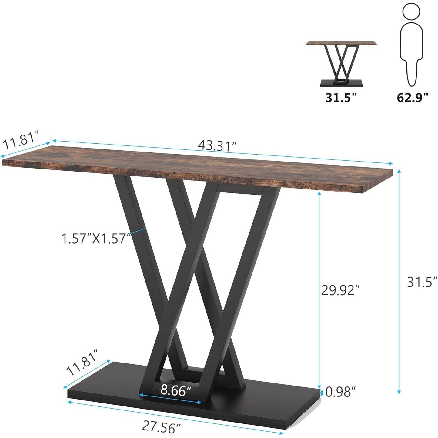 Mesa moderna de entrada estrecha de 43 pulgadas con cubierta de madera marrón y estructura de metal negro