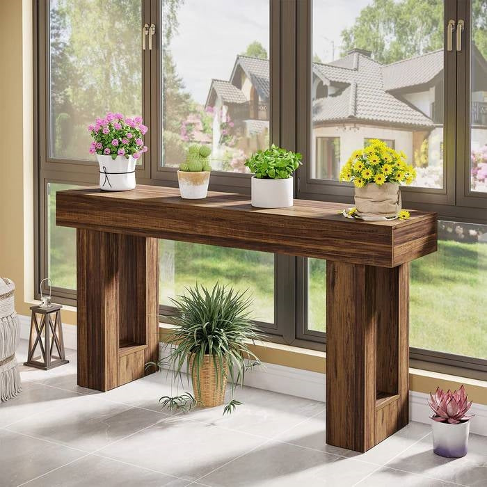 Mesa Consola Estrecha Larga de 63 Pulgadas Estilo Casa de Campo Moderna con Acabado de Madera Marrón