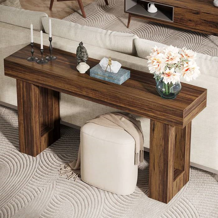 Mesa Consola Estrecha Larga de 63 Pulgadas Estilo Casa de Campo Moderna con Acabado de Madera Marrón
