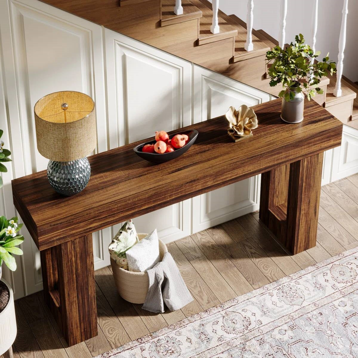 Mesa Consola Estrecha Larga de 63 Pulgadas Estilo Casa de Campo Moderna con Acabado de Madera Marrón