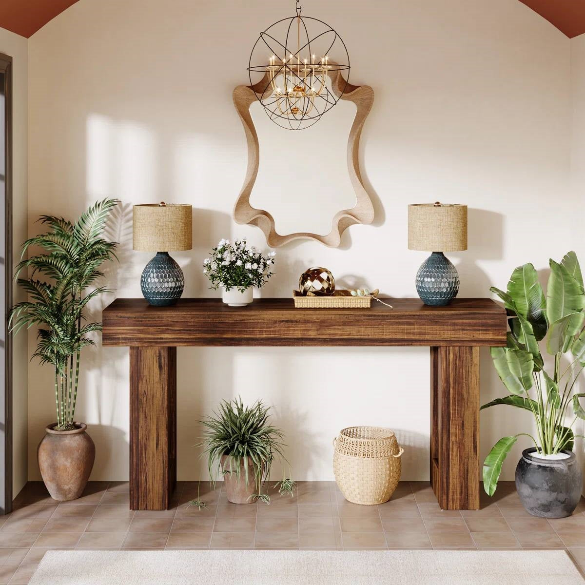 Mesa Consola Estrecha Larga de 63 Pulgadas Estilo Casa de Campo Moderna con Acabado de Madera Marrón