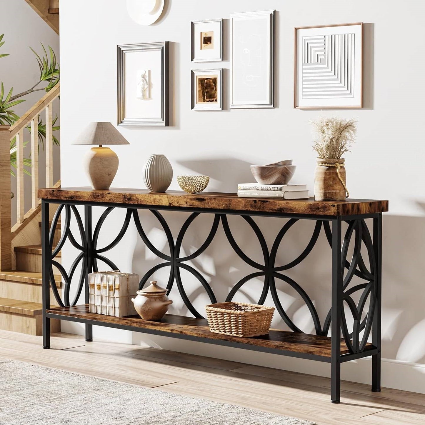 Mesa de sofá consola estrecha y larga moderna de 70 pulgadas con tapa y estante de madera marrón