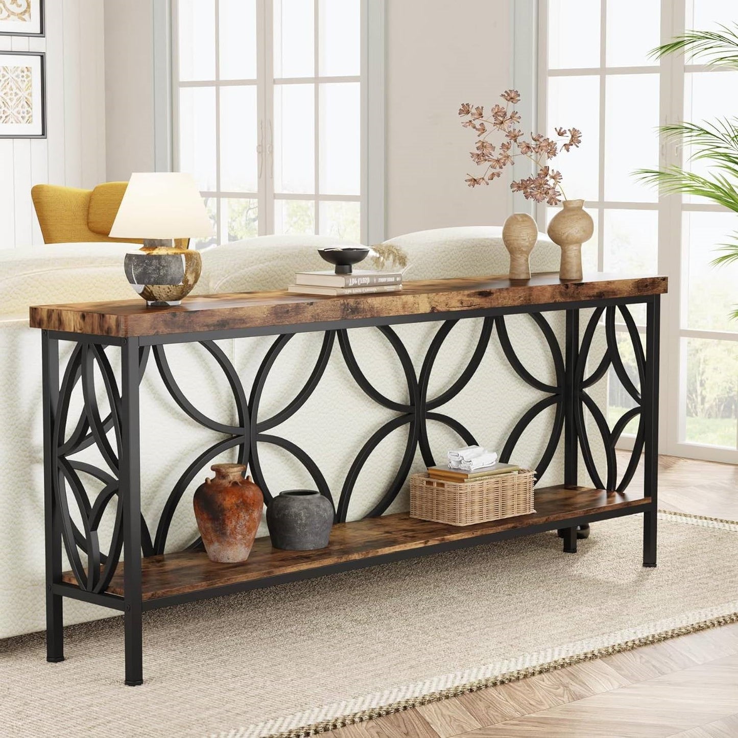 Mesa de sofá consola estrecha y larga moderna de 70 pulgadas con tapa y estante de madera marrón