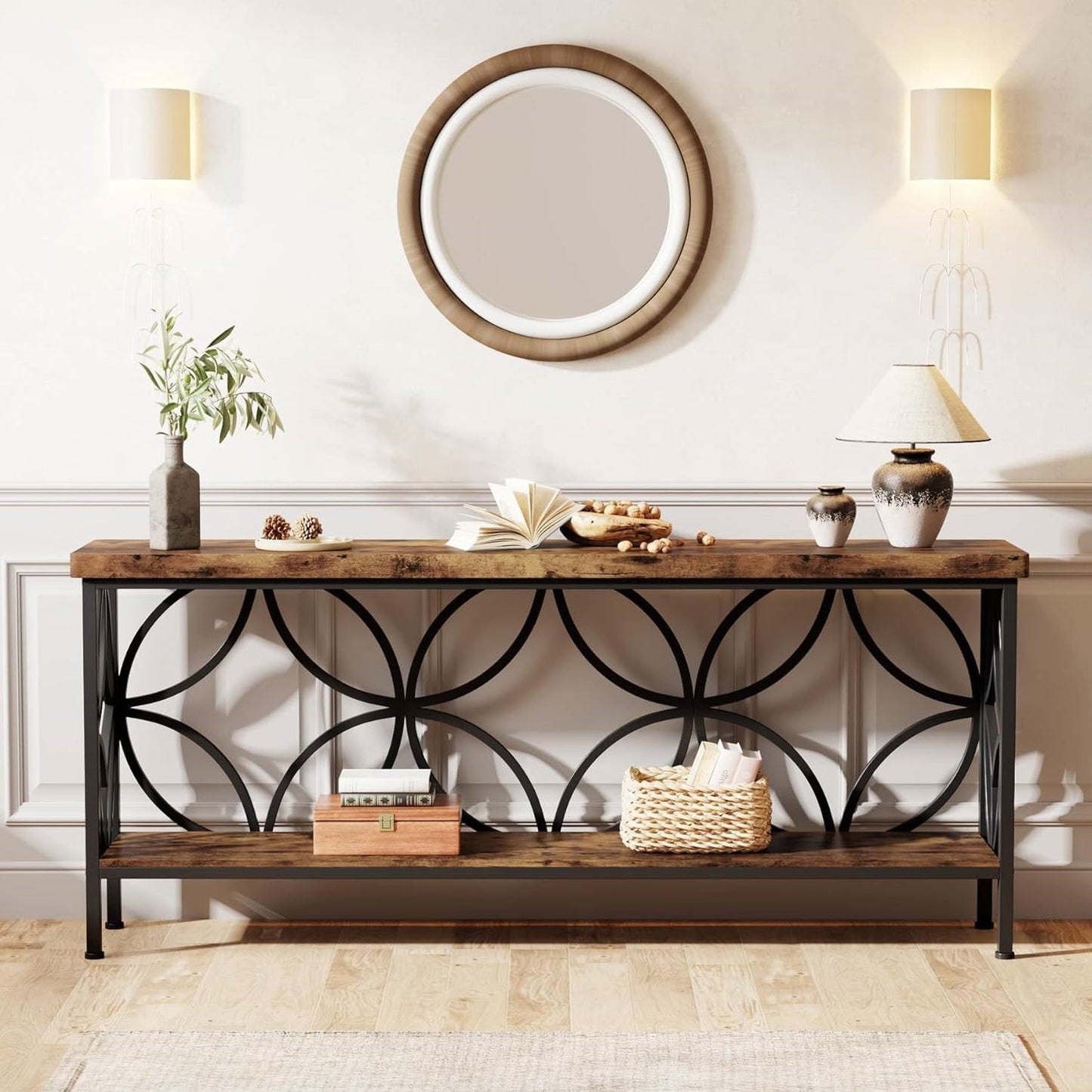 Mesa de sofá consola estrecha y larga moderna de 70 pulgadas con tapa y estante de madera marrón