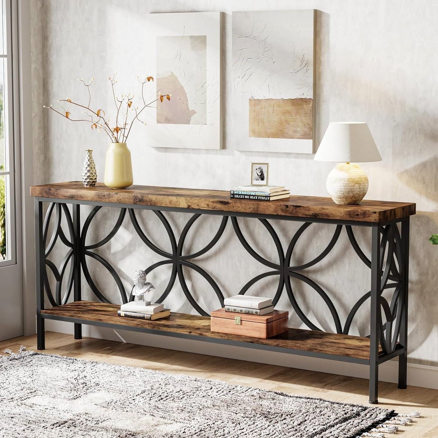 Mesa de sofá consola estrecha y larga moderna de 70 pulgadas con tapa y estante de madera marrón