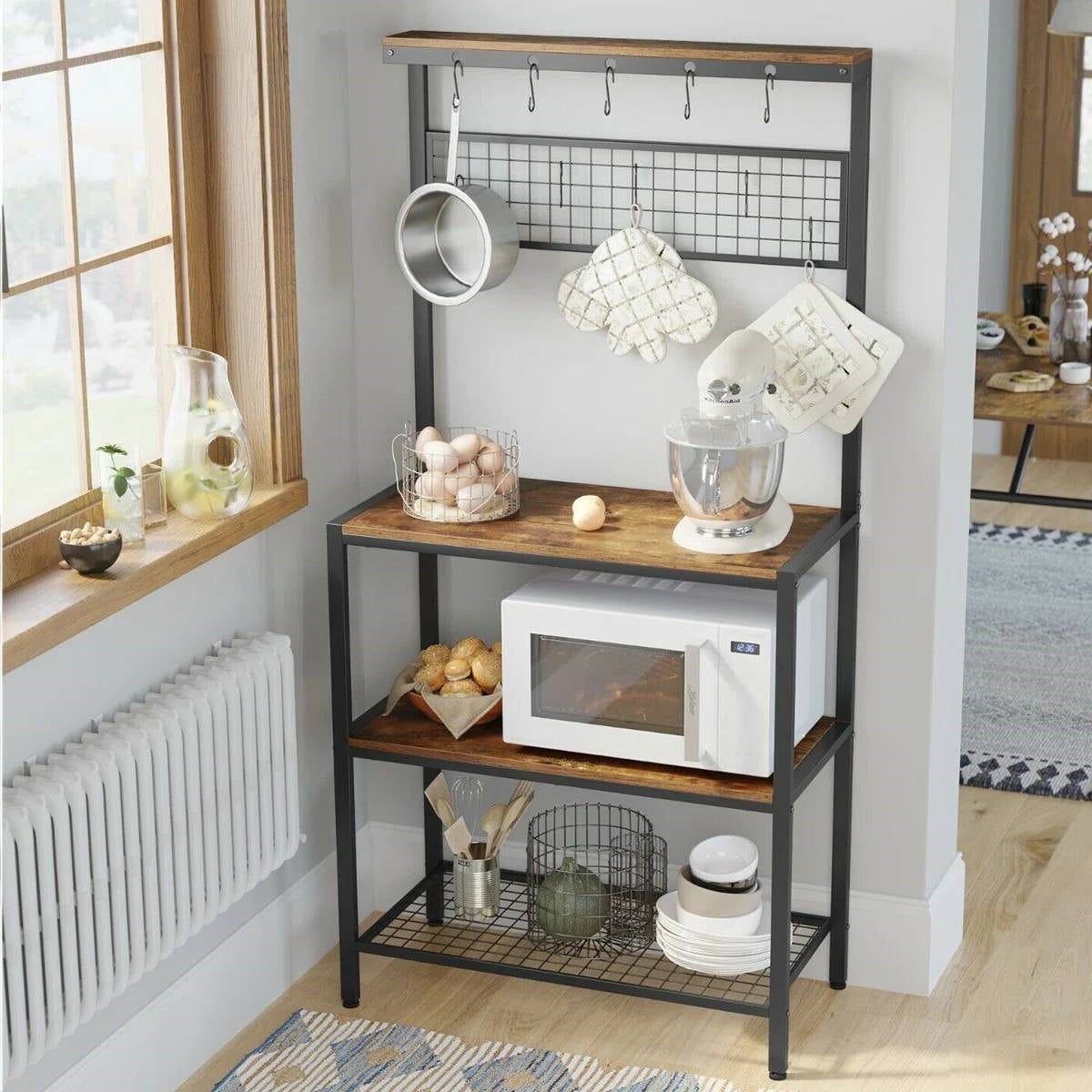 Estante de Cocina para Panaderos de Metal Negro con Estantes de Almacenamiento de Madera y Soporte para Microondas