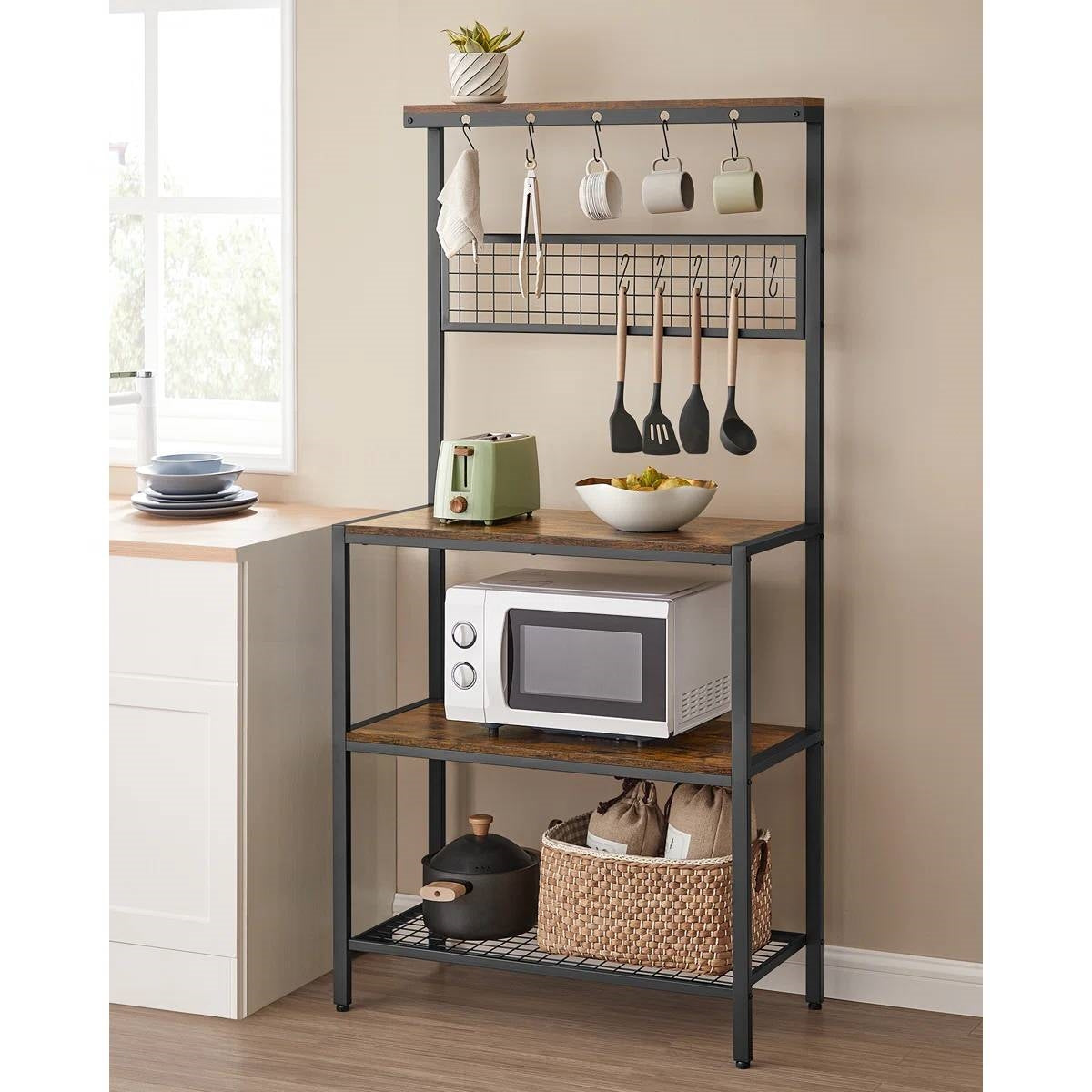 Estante de Cocina para Panaderos de Metal Negro con Estantes de Almacenamiento de Madera y Soporte para Microondas
