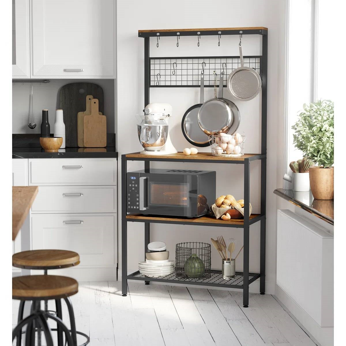 Estante de Cocina para Panaderos de Metal Negro con Estantes de Almacenamiento de Madera y Soporte para Microondas