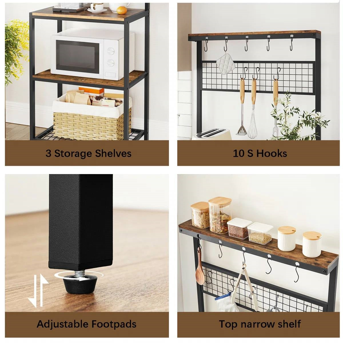 Estante de Cocina para Panaderos de Metal Negro con Estantes de Almacenamiento de Madera y Soporte para Microondas