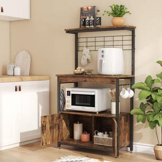 Estante de panadero de metal y madera para cocina industrial, carrito para microondas con gabinete de almacenamiento
