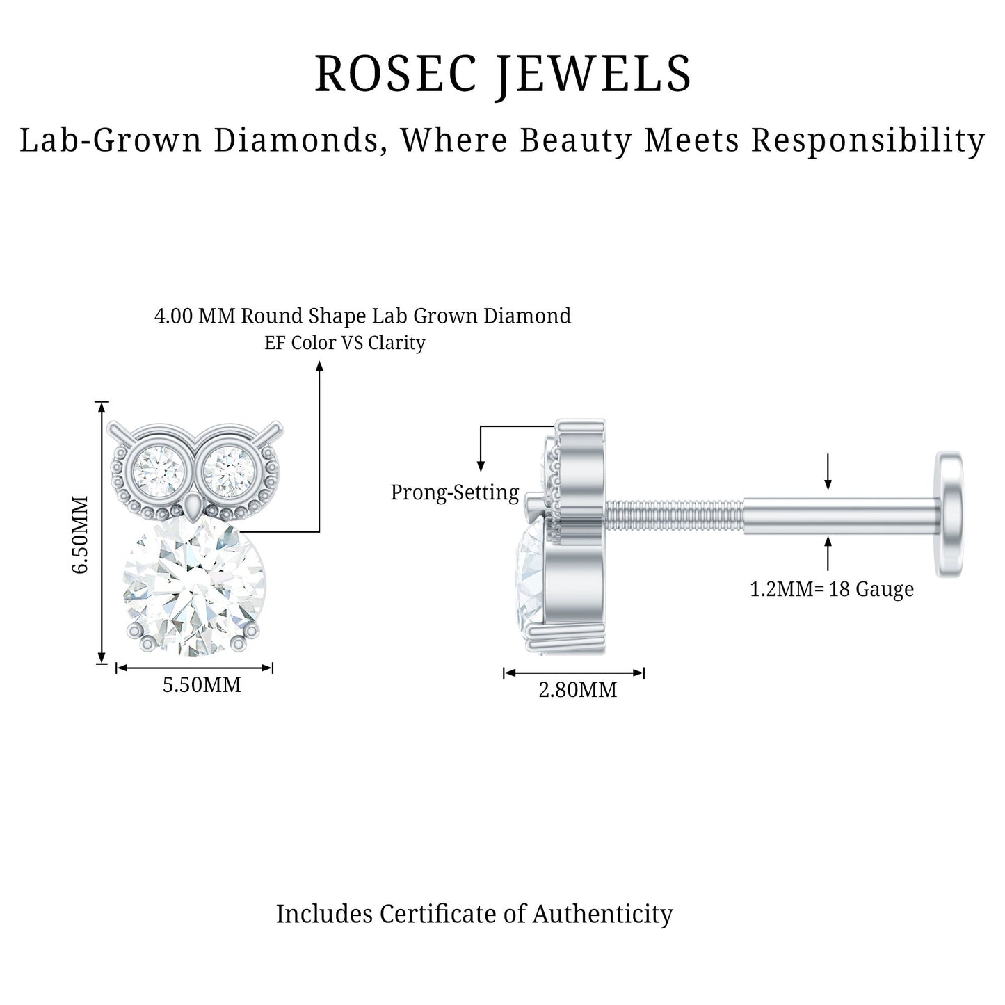 Diamond Owl Earring for Cartilage Piercing