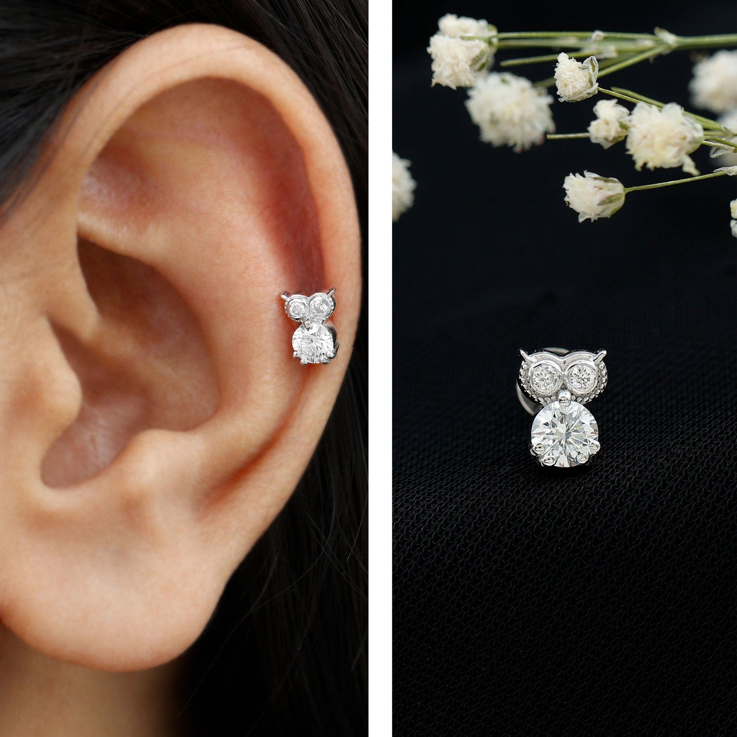 Diamond Owl Earring for Cartilage Piercing