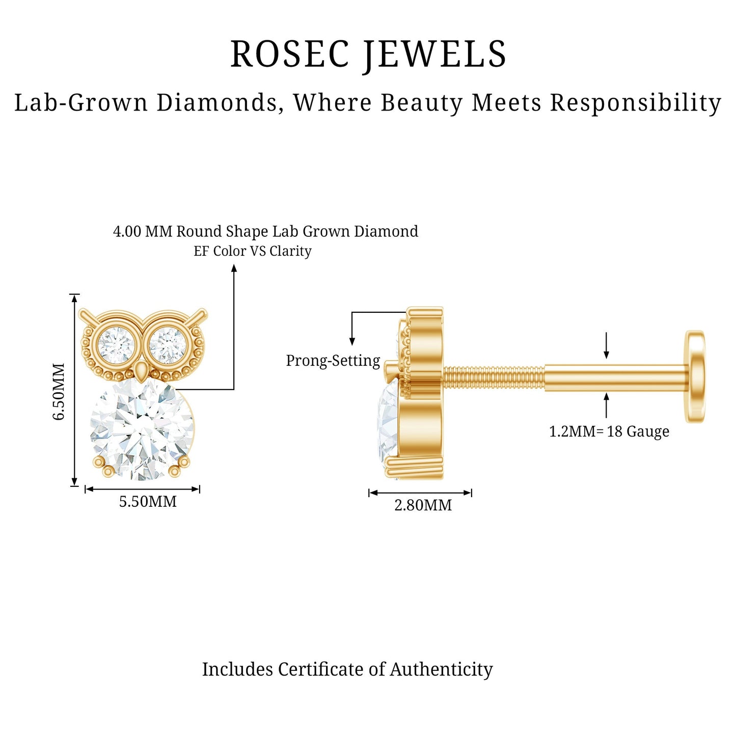 Diamond Owl Earring for Cartilage Piercing