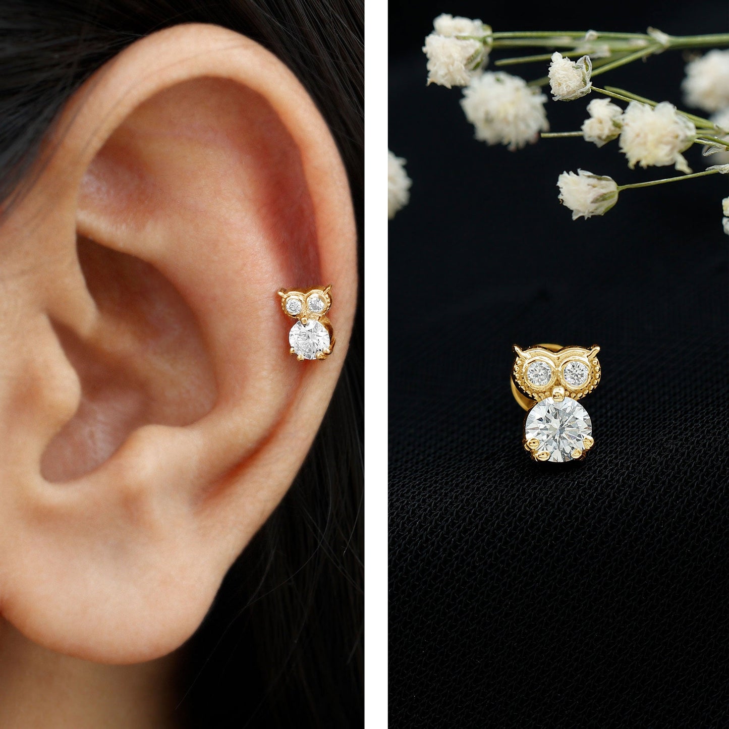 Diamond Owl Earring for Cartilage Piercing
