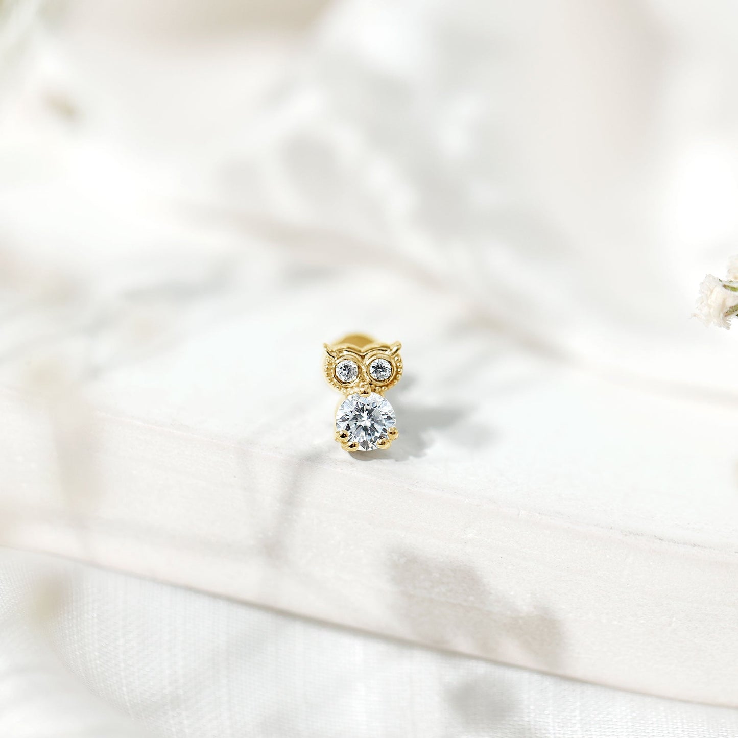 Diamond Owl Earring for Cartilage Piercing