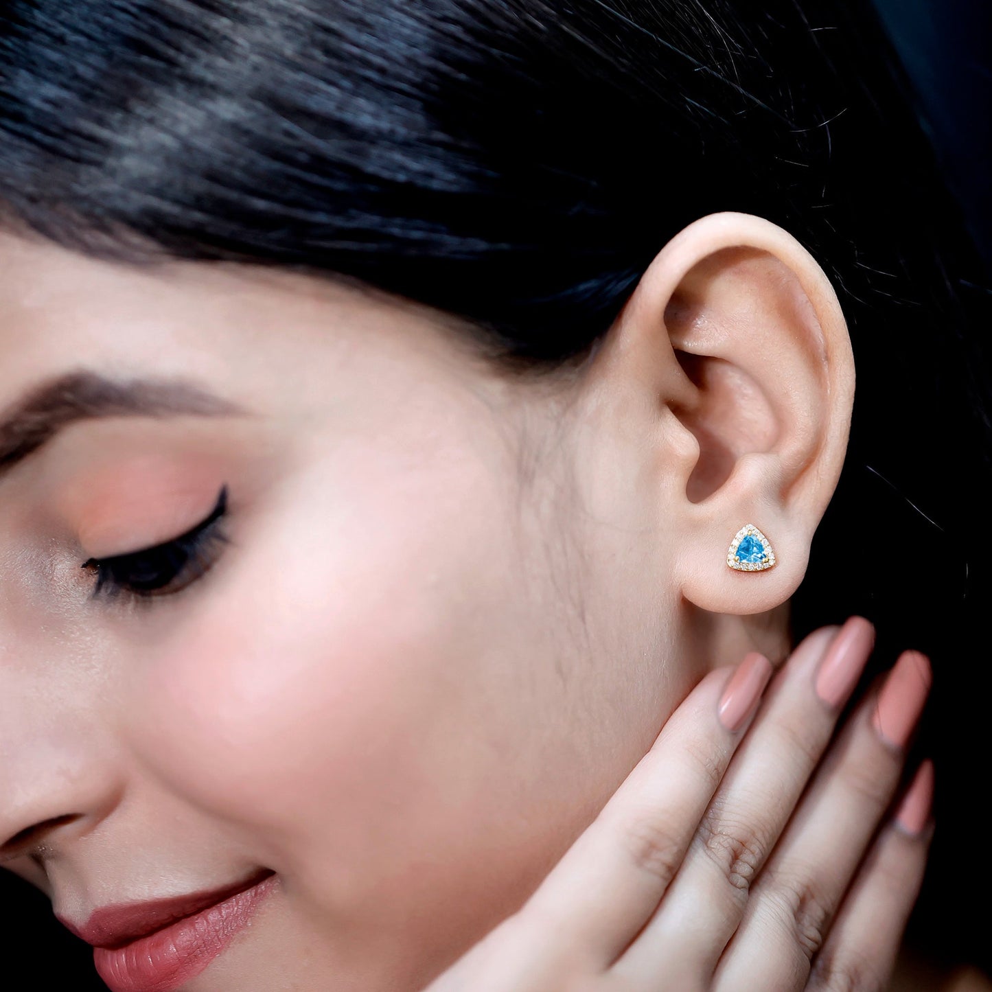 Trilliant Cut Blue Topaz and Diamond Stud Earrings