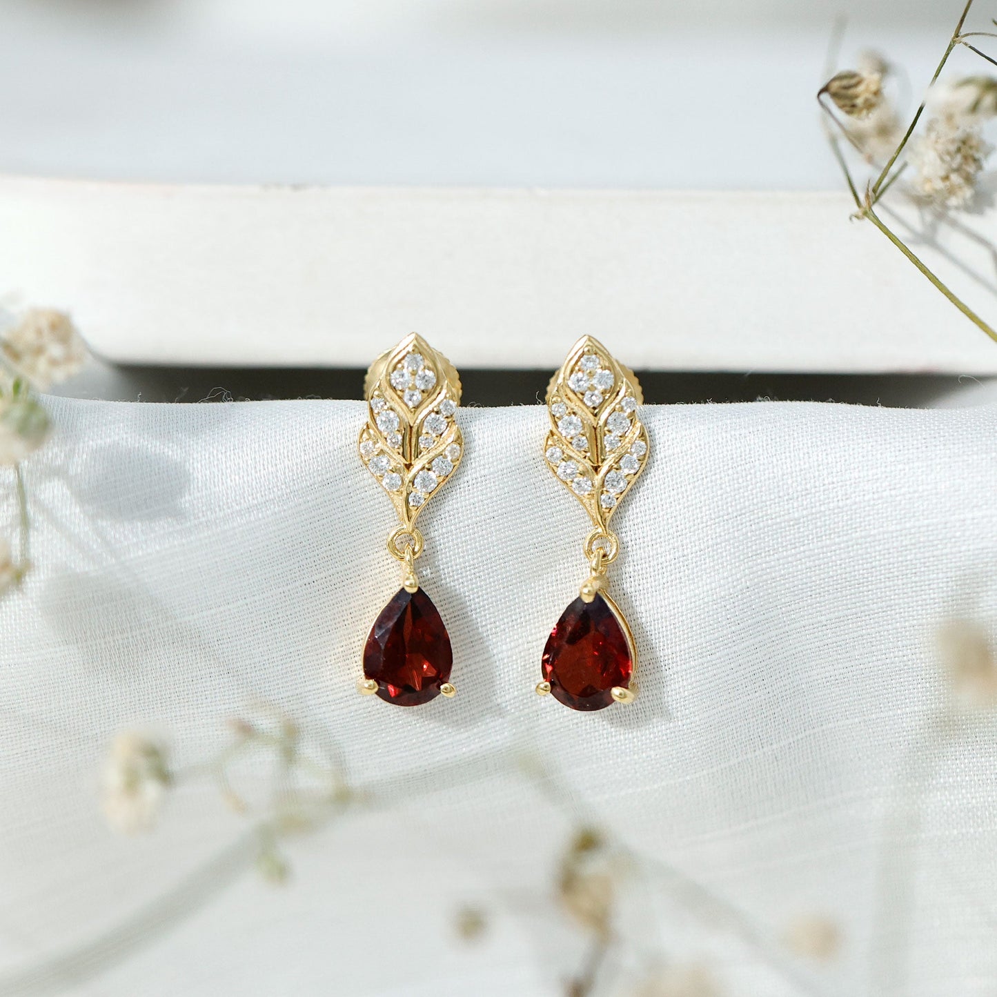 Genuine Garnet Teardrop Earrings with Diamond Leaf Design