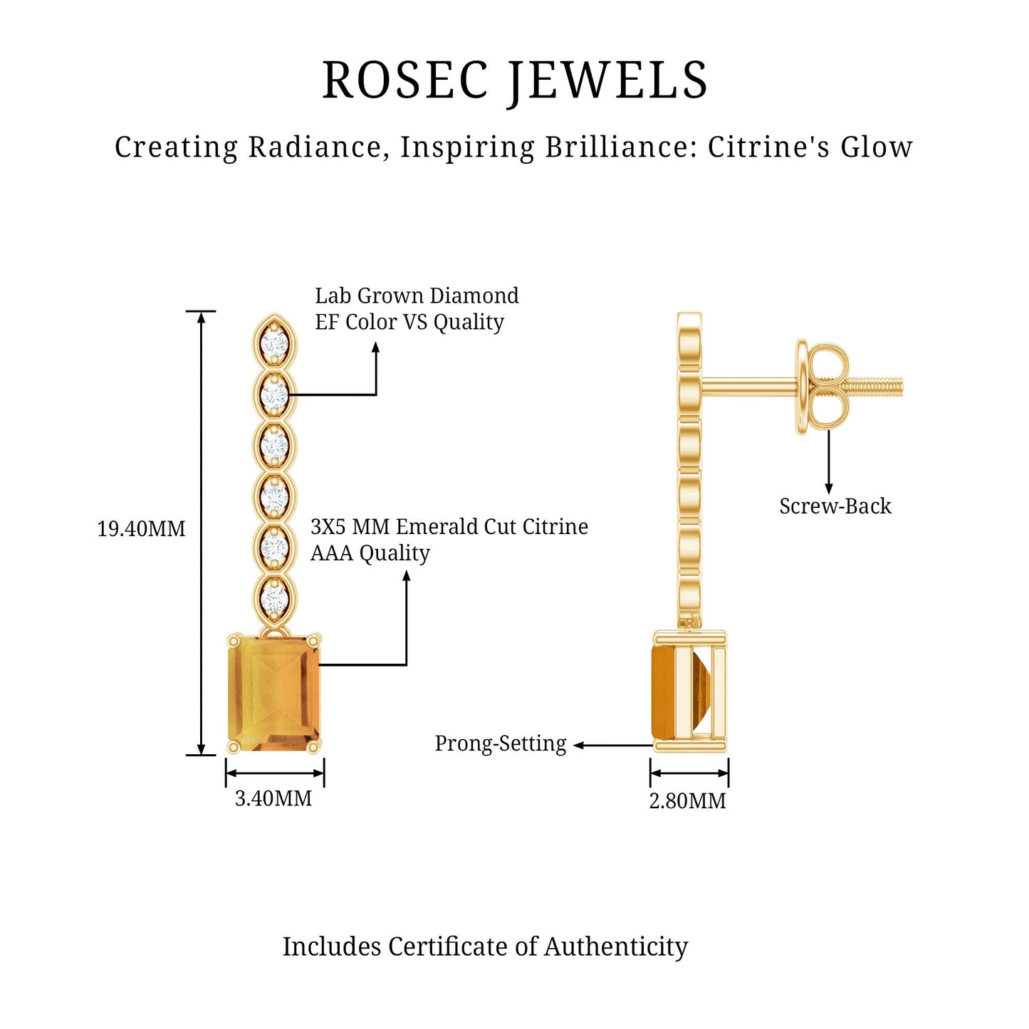 Emerald Cut Citrine and Diamond Bar Drop Earrings in Silver