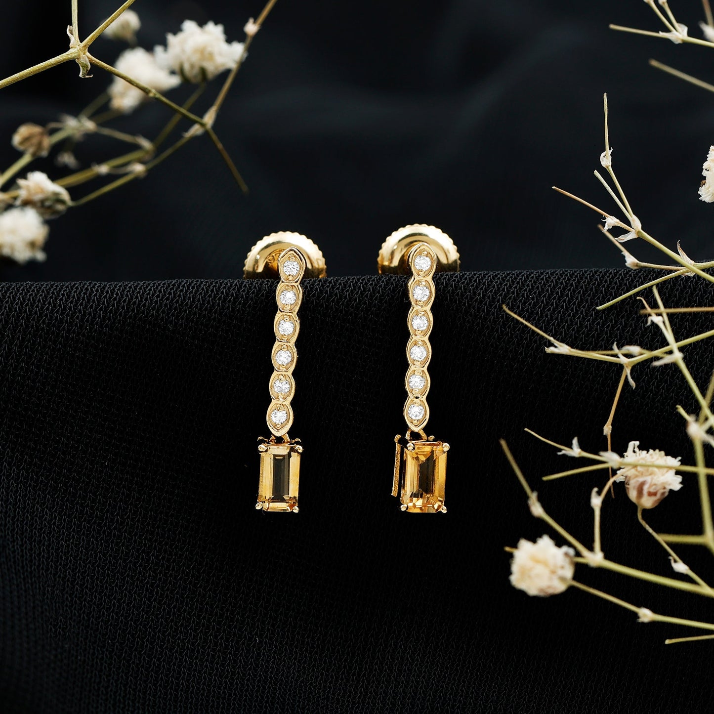 Emerald Cut Citrine and Diamond Bar Drop Earrings in Silver