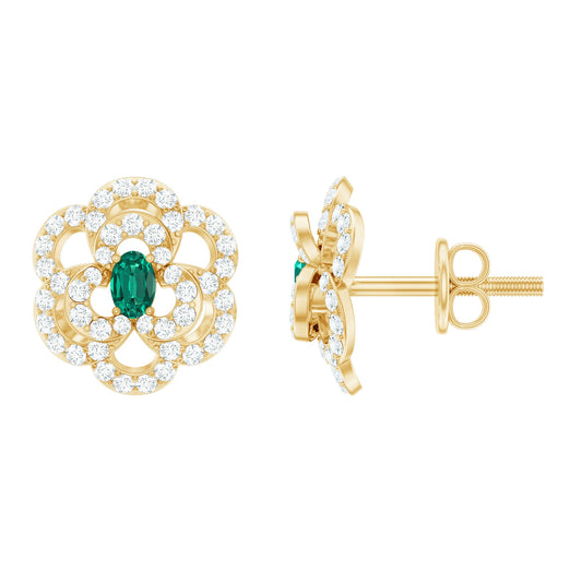 Lab Grown Emerald Diamond Flower Stud Earrings with Screw Back