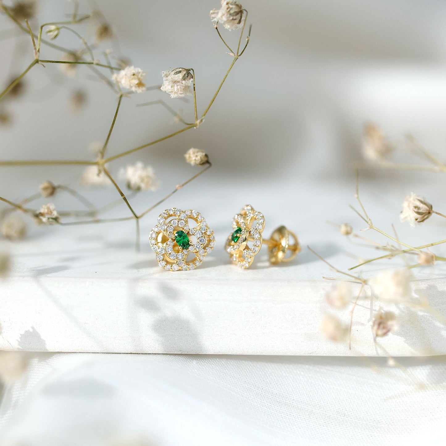 Lab Grown Emerald Diamond Flower Stud Earrings with Screw Back