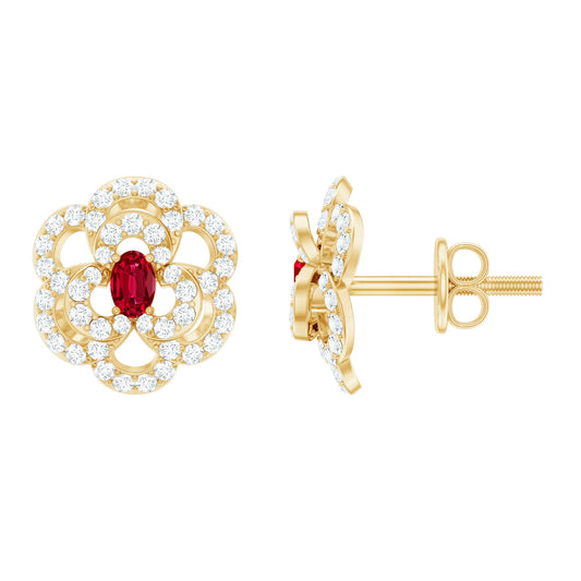 Nature Inspired Lab Grown Ruby Diamond Flower Stud Earrings