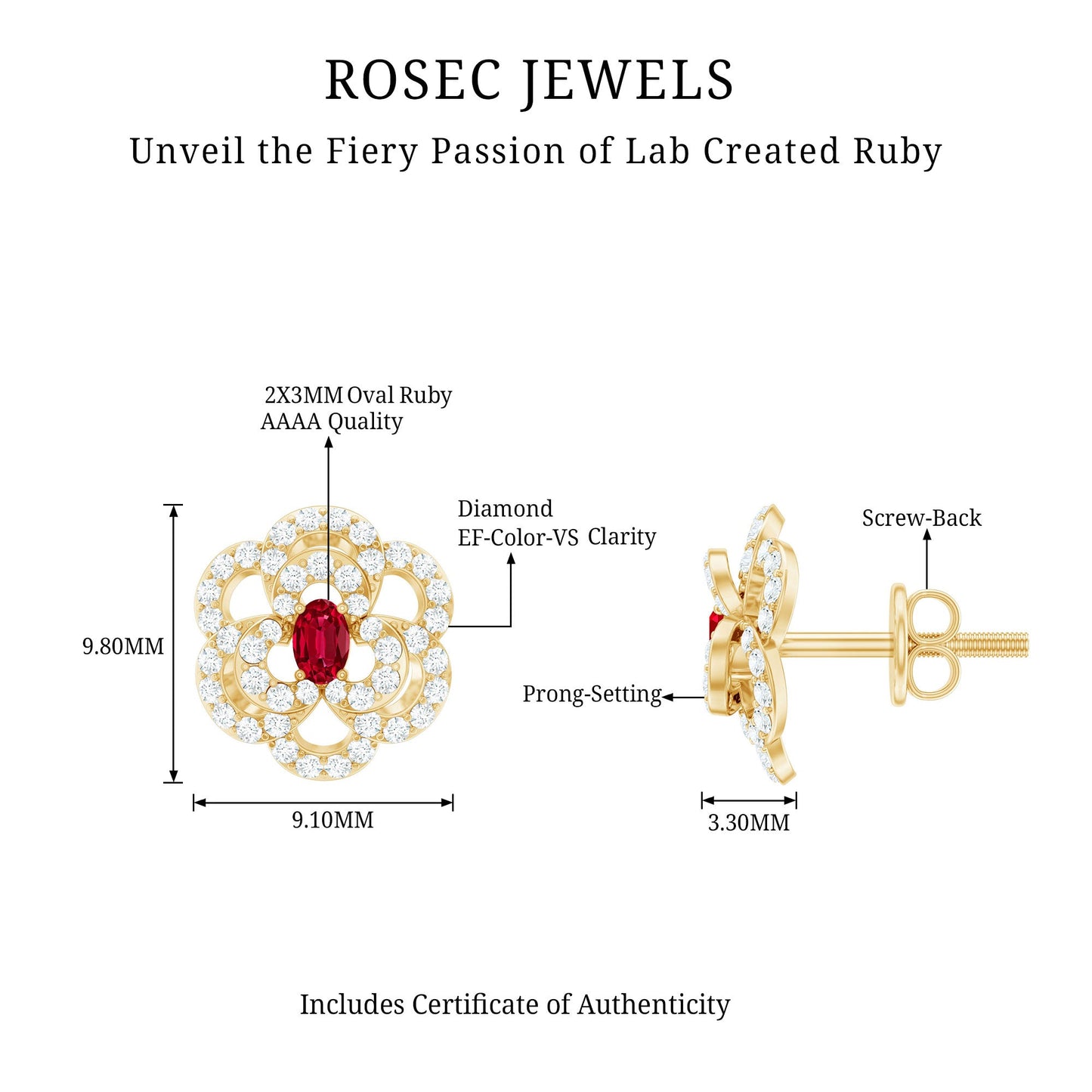 Nature Inspired Lab Grown Ruby Diamond Flower Stud Earrings