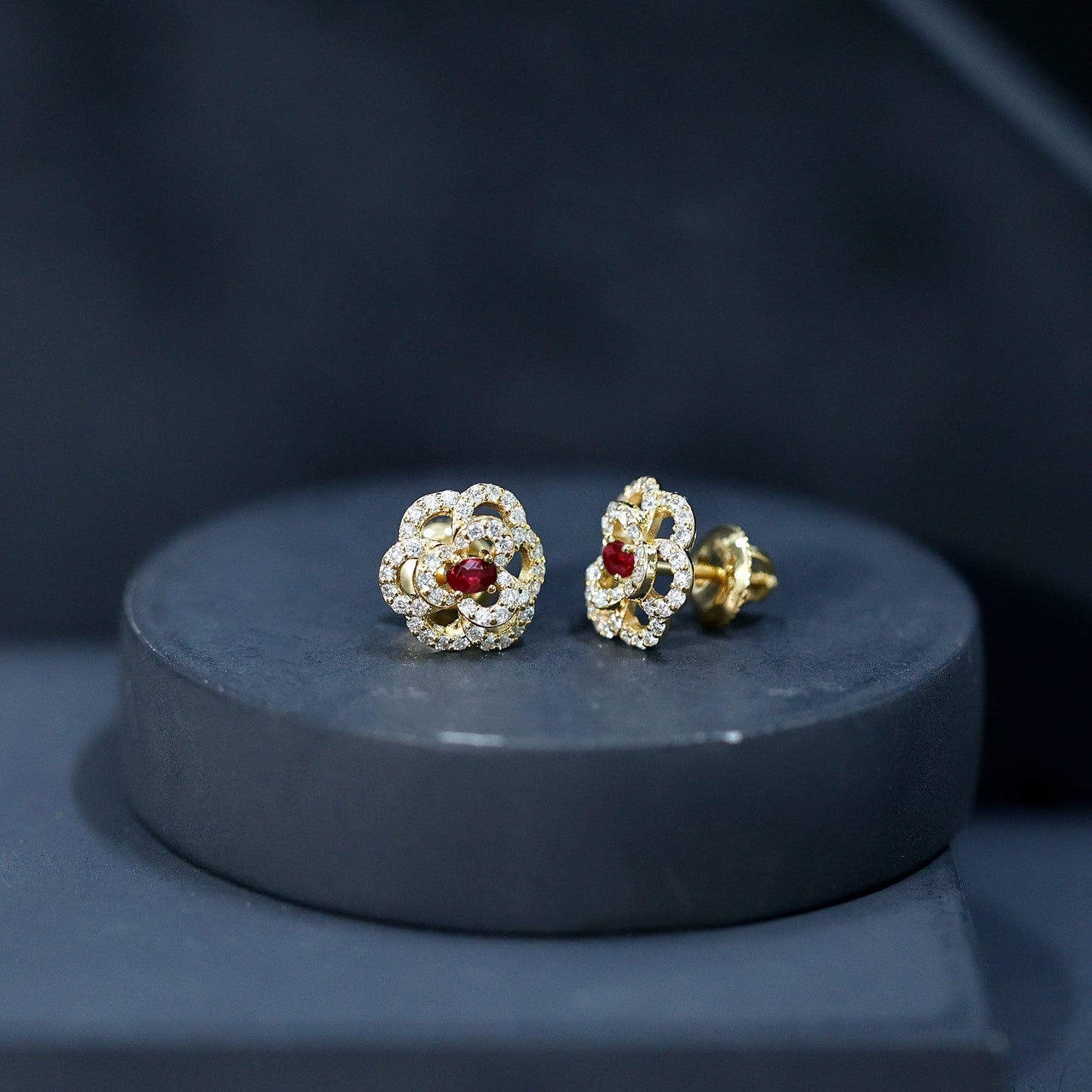 Nature Inspired Lab Grown Ruby Diamond Flower Stud Earrings