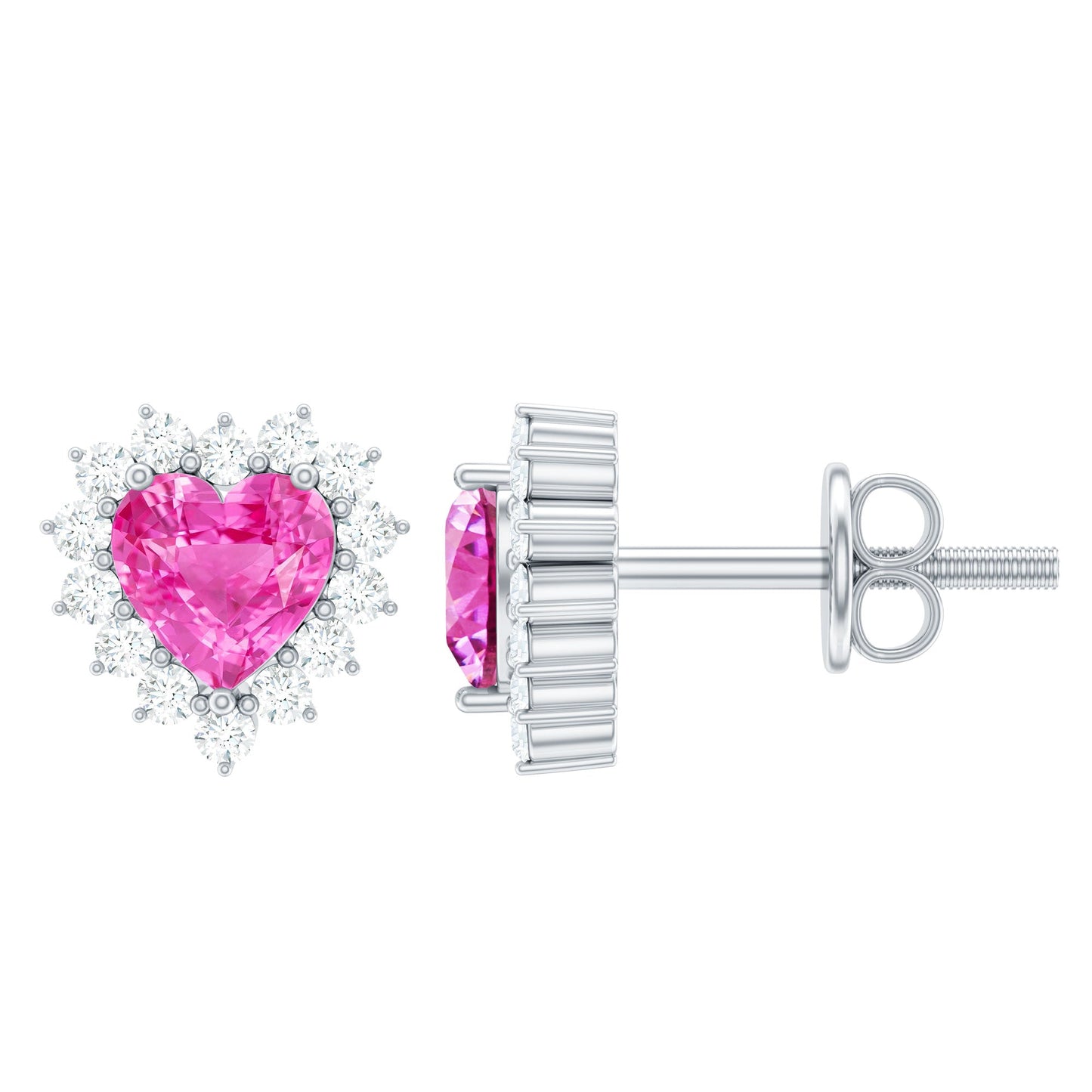 Lab Grown Pink Sapphire Heart Stud Earrings with Diamond Halo